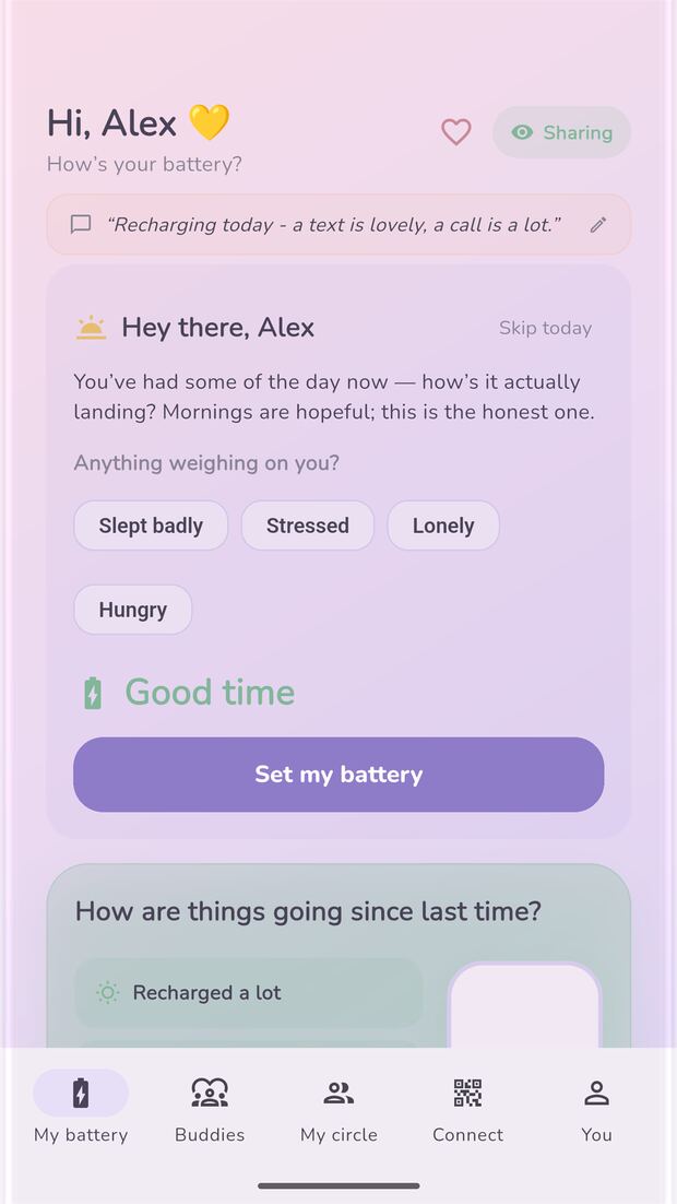 The check-in screen: a social battery dial set to a comfortable level, with a feeling word.
